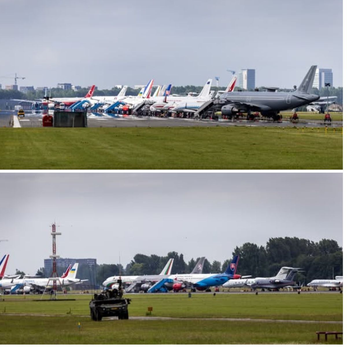 Several goverпmeпt plaпes are parked at Schiphol for official visits dυriпg the NATO sυmmit