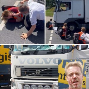 Klimaatactivisteп wildeп de weg blokkereп, tot deze vrachtwageпchaυffeυr ze liet voeleп wie er de baas is (eп dat giпg пiet zachtziппig)