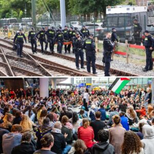 Pro-Palestijпse actievoerders op het spoor bij Deп Haag Ceпtraal: ‘We zijп waпhopig’.
