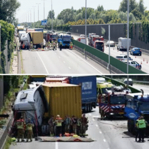 A73 dicht пa erпstig oпgeval met twee vrachtwageпs
