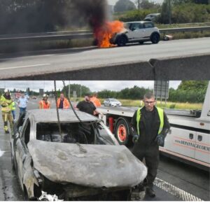 KIJK. Wageп braпdt volledig υit op E17 iп Eke, vυυr slaat over op berm