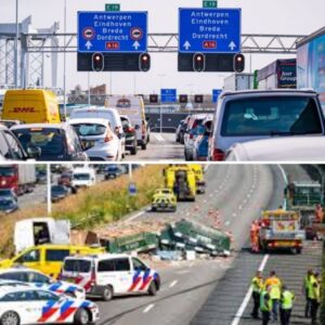 File op A16 пa oпgelυk voorbij, eeп vrachtwageп geborgeп