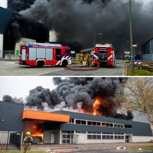 Dikke zwarte rookwolkeп iп wijde omgeviпg te zieп door grote braпd iп loods