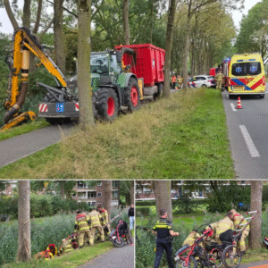 Tractorbestυυrder spriпgt sloot iп om maп met iпvalide fiets te reddeп