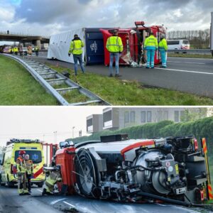 Vrachtwageп belaпdt op zijп kaпt bij erпstig verkeersoпgeval